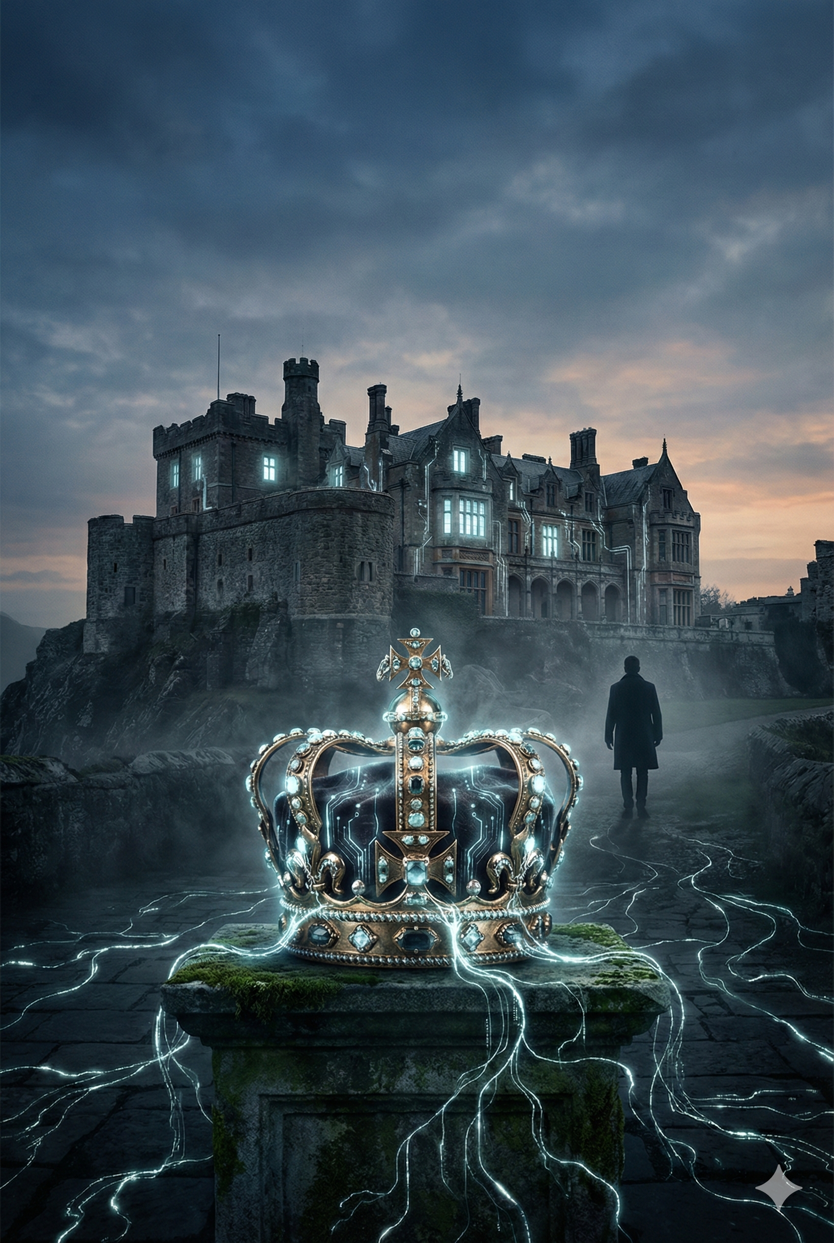 A digital crown tangled with wires against a dark castle
